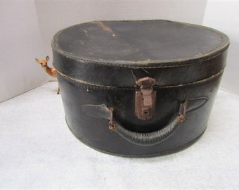 Antique Black Leather Round Hat Box Suitcase Ex Large Floral 