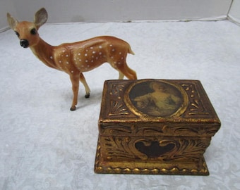 Beautiful Vintage Florentine Box w/ Classic Painting Detail on Hinged Lid, Gold Hearts, Carvings, Treasure Box, Divided Interior, Colonial