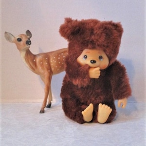 Vintage Tubby, Russ Item No. 229, Thumb Sucker Plush Monkey Thumkey, Japanese MONCHICHI Thumb Sucking Stuffed Bear Ginger Brown Rubber Face
