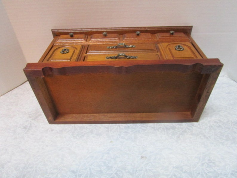 Beautiful Vintage Wood Chest Jewelry Box, Flip Up Lid w/ Mirror, 2 Pull Out Drawers, 2 Tip Out Ring Compartments, Boudoir, Dresser Organizer image 10