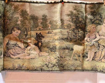 Antique French Tapestry Jacquard Woven Wall Hanging, Pastoral Scene w/ Women, Children, Lamb, Dog, Cottage. Belgium Oriental Vintage Textile