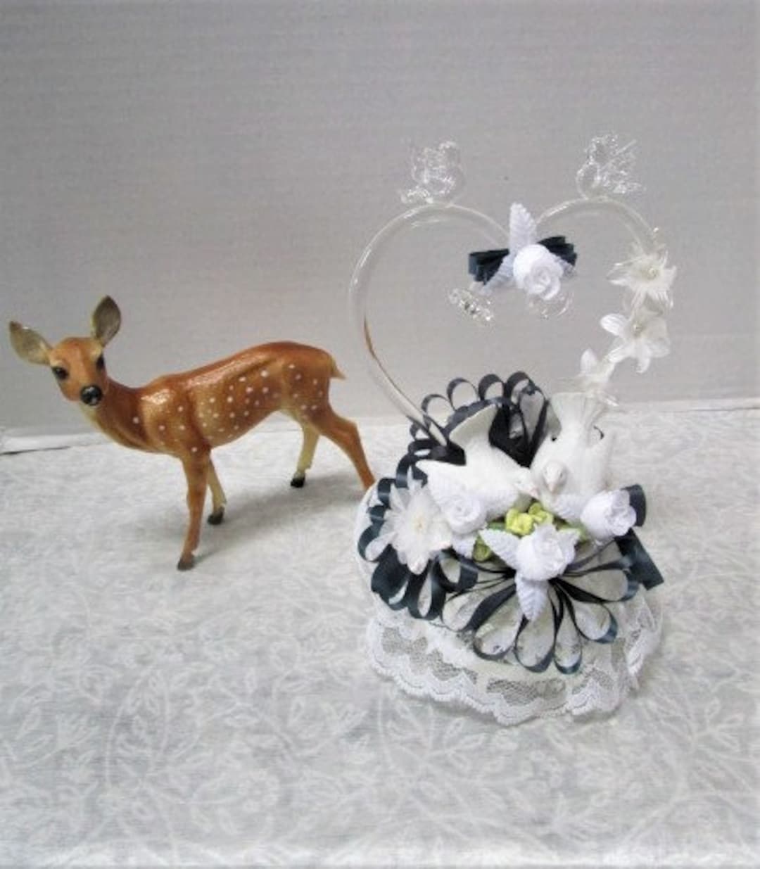 Vintage Wedding Cake Topper W/ Love Bird Figurines, Blown Glass Heart