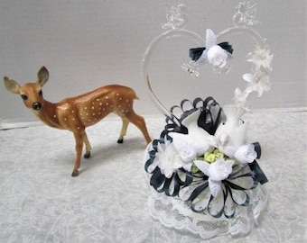 Vintage Wedding Cake Topper w/ Love Bird Figurines, Blown Glass Heart / Lace / Florals / Bells / bows, Romance Keepsake Marriage Celebration