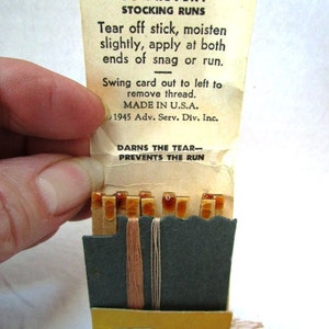 May include: Vintage stocking run repair kit. The kit includes a card with instructions and a row of small, amber-colored sticks. The text on the card reads "TO PREVENT STOCKING RUNS" and "MADE IN U.S.A."