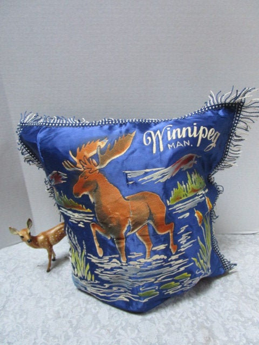 Vintage Winnipeg Manitoba Pillow Sham Tourist Souvenir, Pillow Cover W/ Fringe, Moose, Man Cave