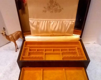 Large Vintage Jewelry Box, Marbled Brown Grain Exterior, Gold Velvet w/ Satin Pouch & Mirror, Drawer, Lady Buxton Brand
