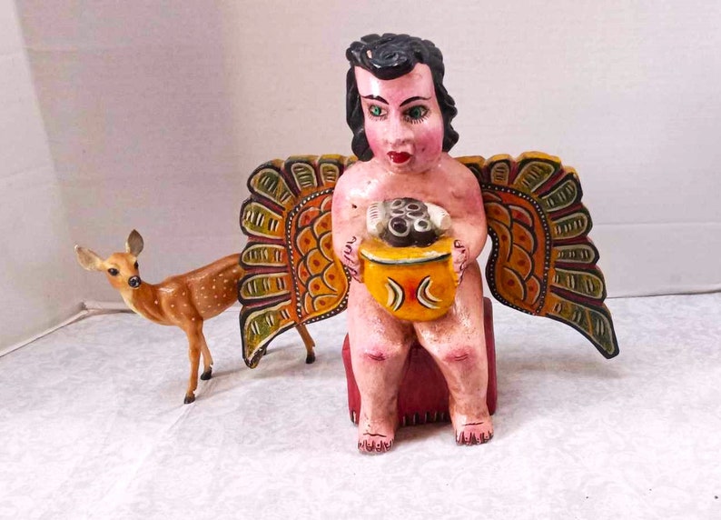 Grand ange sculpté d'art populaire mexicain, sculpture sur bois faite à la main, art religieux de Guerrero, pays rustique naturel traditionnel catholique chic chic image 9