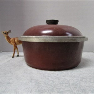 May include: A brown enameled cast iron pot with a silver rim and a black knob on the lid.