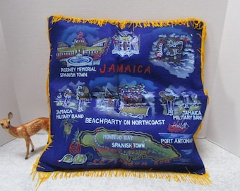 Vintage Jamaica Pillow Sham Tourist Souvenir, Pillow Cover w/ Fringe, Man Cave Decor, Beach Party, Caribbean Trip, Souvenir, Island