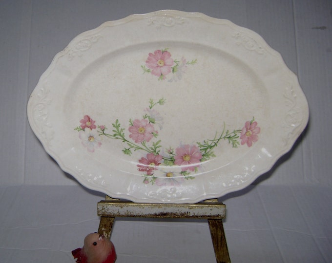 Vintage Pink Floral Platter, Pink Shabby Chic Cottage Decor Plate, Scalloped Edged Beautiful