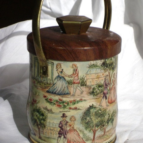 VINTAGE Tin, Cottage Romance, Round with Faux Wood Lid, Sweet Scenes of English Courting Couples, Crinoline, Wedding Romance, Downton Abbey