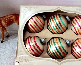 6 Large Vintage Shiny Brite STRIPED Ornaments in Original Box, Christmas Tree, Retro Decor, USA Made, Grandma's Attic Treasures