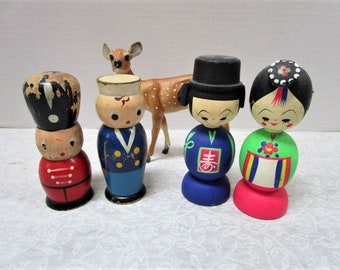 CHOICE PAIR Vintage Handmade Carved Wooden Folk Art Ethnic Dolls, Kokeshi Couple OR Queen's Guard & Navy, Made in Japan