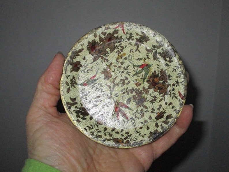 Vintage Coaster Set w/ Round Box, Florentine Gold Floral w/ Tropical Birds, Chintz Paper Mache Papier, Alfred Knobler Japan image 3