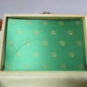 Vintage Jewelry Box, Ecru w/ Gold Shamrock Design, Emerald Green Satin Lining, Treasure Box, 4 Leaf Clover, Luck of the Irish, image 4