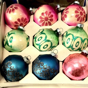 CHOICE BOX of 9 Vintage Coby Ornaments w/ Stencil Glitter, Christmas Tree Retro Decor, USA Made, Grandma's Attic Treasures, Butterfly, Grape image 5