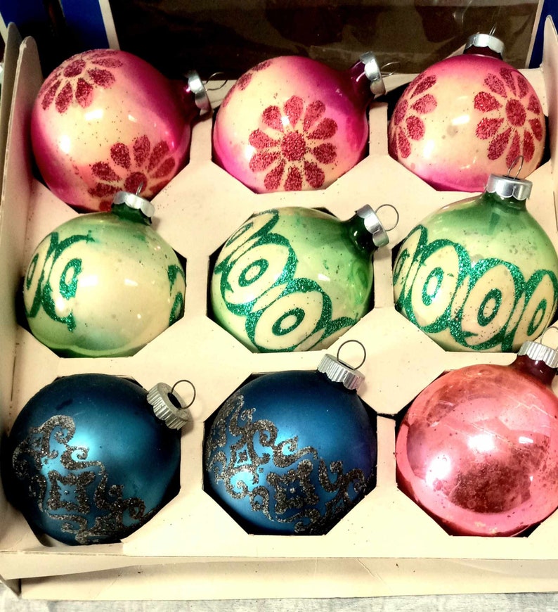 CHOICE BOX of 9 Vintage Coby Ornaments w/ Stencil Glitter, Christmas Tree Retro Decor, USA Made, Grandma's Attic Treasures, Butterfly, Grape image 5