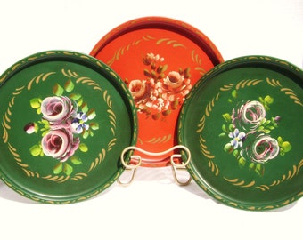 Vintage Tole Tray Set: Handpainted Floral Roses, Nash Co, Metal Round Trays