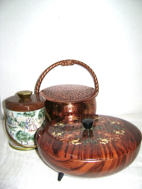 Unusual VINTAGE Tin, Round W/ Faux Inlaid Wood Lid, Footed