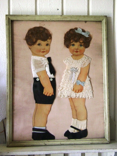 Vintage mixed media wall art boy and girl human hair large