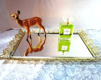 Vintage Mirrored Vanity Tray: Gold Tone Floral Filigree Edges