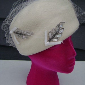 Vintage Winter White Wool Pillbox Hat: Sparkly Sequin Leaf, Netting, Jackie O Style