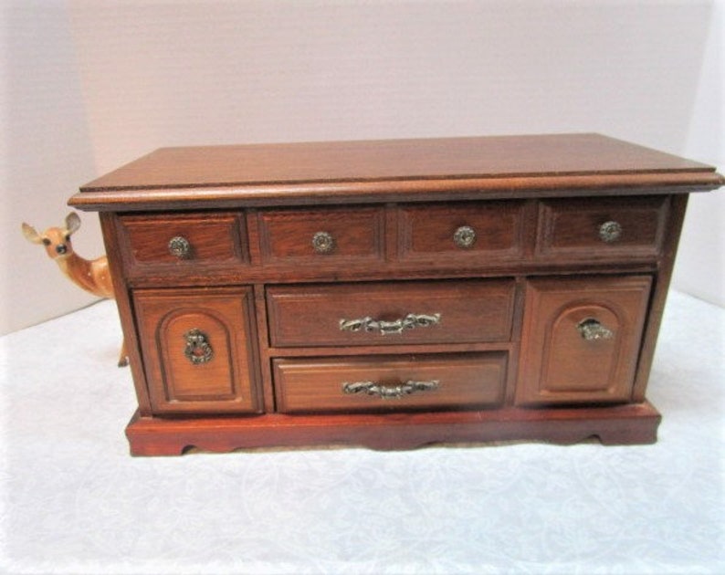 Beautiful Vintage Wood Chest Jewelry Box, Flip Up Lid w/ Mirror, 2 Pull Out Drawers, 2 Tip Out Ring Compartments, Boudoir, Dresser Organizer image 2