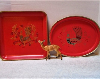 CHOICE ONE Vintage MCM Metal Serving Tray: Rooster Peacock Design, Signed Maxey