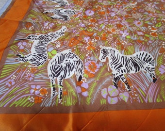 Vintage Scarf Jacques Rene Designer, Zebra Savannah Floral Print, Extra Large Square, Bold, Head Wrap, Neck Tie Around, Head Scarf, Safari