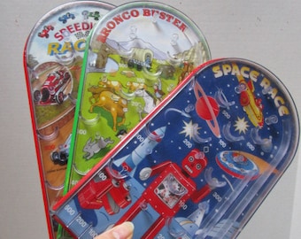 Choice Toy Pinball Game, Speedway Racing or Bronco Buster or Space Scene, Vintage Kids Party Favor, Tin Lithograph Tabletop Skill Challenge