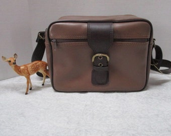 Vintage Messenger Bag / Shoulder Bag, Soft Side Small Child Sized Carry On, Clean Brown Vegan Faux Leather, Light Weight Buckle Front, Sears