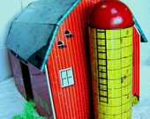 Vintage Toy Metal Barn w/ Silo, Sunnyfield Farm by Ohio Art, Child's Red Tin Lithograph Barn and Plastic Goose, Silo, Sliding Door, Bushes