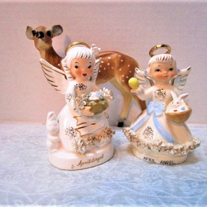 CHOICE ONE Vintage April Birthday Angel Figurine, Sweet Girl w/ Easter Bunny Basket Eggs, Japan Napco or Lefton Collectible