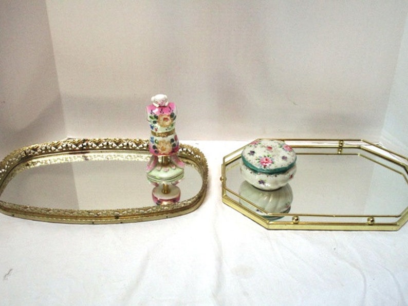 Vintage Mirrored Vanity Tray Large Fancy Contoured Oval Etsy