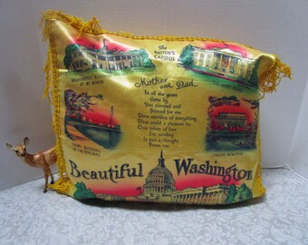 Vintage Washington DC Pillow Sham Souvenir, Cover w/ Fringe, Military Souvenir, Mother and Dad Poem, Gift for Parents Love Poem, US Capitol