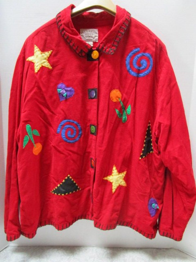 Hearts Stars Flowers Vintage Corduroy Jacket w Appliques by Khaki Rose Soft Casual Comfortable Elementary Art Teacher Costume Size XL