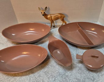 CHOICE Vintage MarCrest Melmac Dinnerware Serving Piece: Sugar Bowl w/ Lid, Gravy Boat, Divided Bowl, Side Serving Bowl