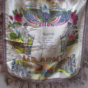 CHOICE Vintage Pillow Sham Souvenir Sister OR Sweetheart, Cover w/ Fringe, Military Army Souvenir, Sentimental Poem, Statue of Liberty Flag zdjęcie 6