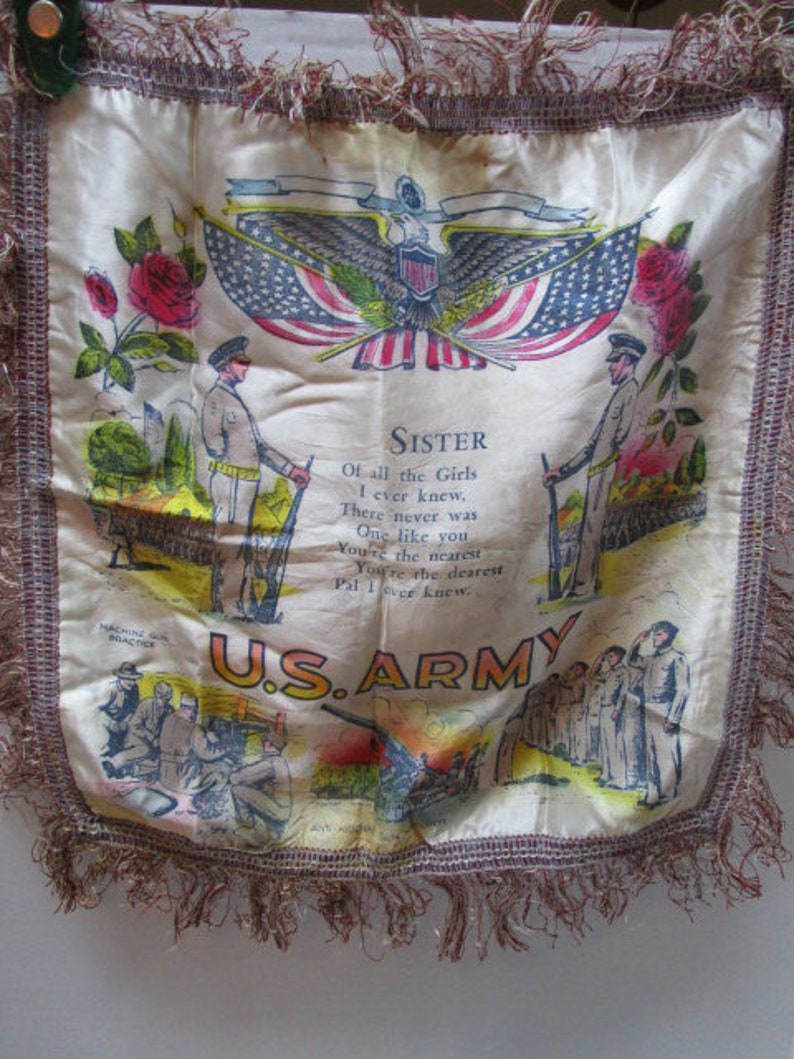 CHOICE Vintage Pillow Sham Souvenir Sister OR Sweetheart, Cover w/ Fringe, Military Army Souvenir, Sentimental Poem, Statue of Liberty Flag zdjęcie 6