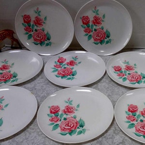 Lot of 8 Vintage Melmac Pink Roses Floral Dinner Plates, Stetson Melamine, Retro Set Prop, Mad Men Era, Durable, Vintage Grandma Cottage, image 4