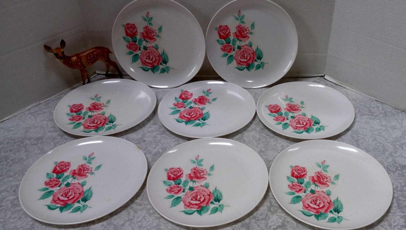 Lot of 8 Vintage Melmac Pink Roses Floral Dinner Plates, Stetson Melamine, Retro Set Prop, Mad Men Era, Durable, Vintage Grandma Cottage, image 4