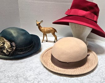 LOT of 3 Vintage Hats for Dress Up Tea Party, Period Costume Use, Wool Felt