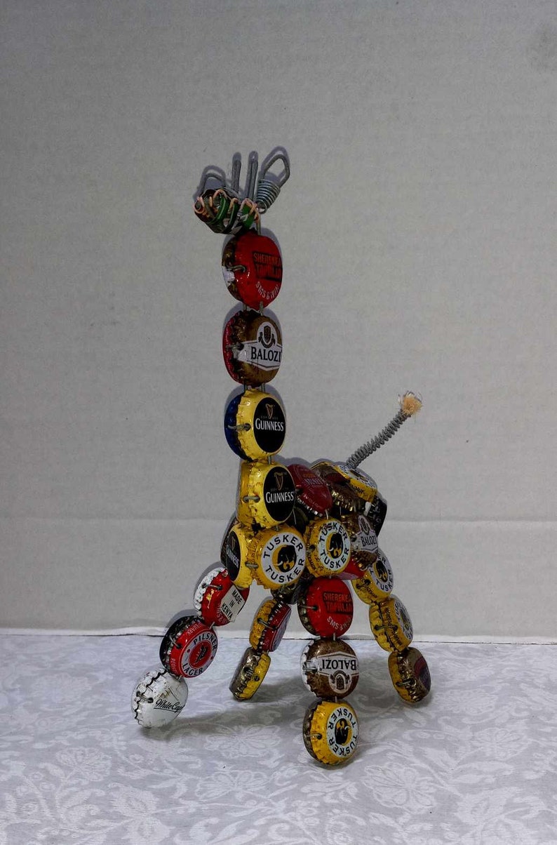 Vintage Beer Bottle Cap Giraffe, Handmade Kenya Folk Art, Primitive Upcycle, Funky Retro Colorful Guinnes Tusker Beer Man Cave image 3