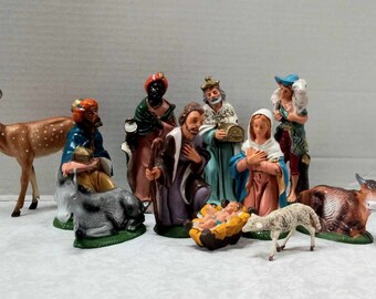 10 Piece Christmas Nativity Set w/ Baby Jesus, Mary, Joseph, Shepherd, Magi, Donkey, Cow, Sheep, Vintage Made in Italy Creche Manger Figures