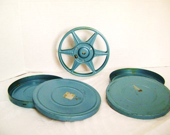 3 Pieces Vintage Movie Reel With Cases, 8mm, Compco Corp, Silver Blue, Teal, Metal, Hollywood, Film Star Decor, Academy Awards, Wall Decor