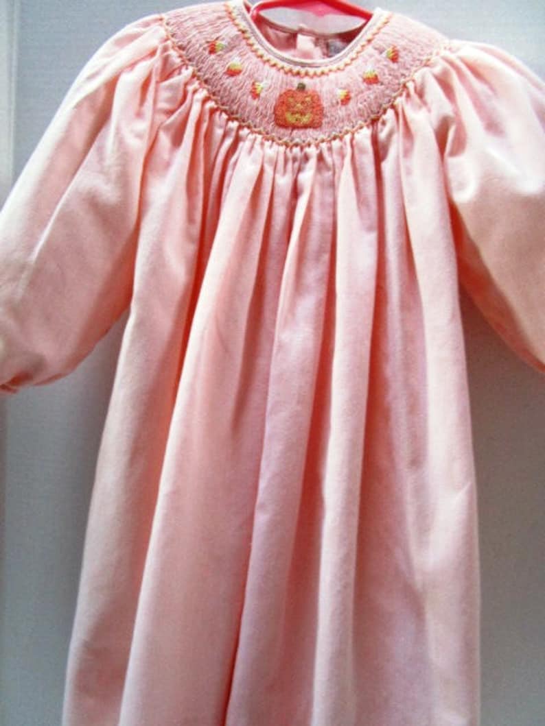 w Hand Smocking Embroidered Jack o Lantern Candy Corn Vintage Smocked Dress Toddler Sz 4 Adorable Halloween School Picture Outfit