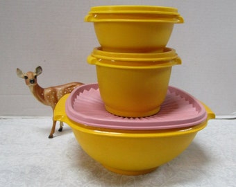 3 Vintage Mustard Yellow Tupperware Bowls 2 Quart #886 AND #1323 10 Oz + 20 Oz bowls. All w/ Servalier Lids, Mixing Storing Completer Pieces