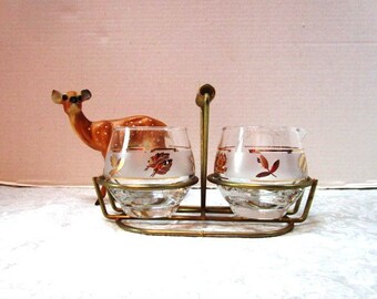 Retro Vintage Cream and Sugar Set in Metal Rack, 3 pc set, Libbey Glass w/ Gold Leaves, Tea Party, MCM Mad Men, Coffee Bar, Pristine