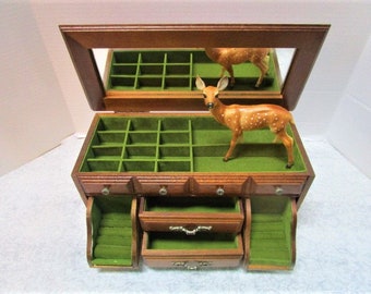 Beautiful Vintage Wood Chest Jewelry Box, Flip Up Lid w/ Mirror, 2 Pull Out Drawers, 2 Tip Out Ring Compartments, Boudoir, Dresser Organizer