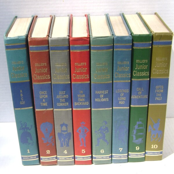 Reduced Vintage Colliers Junior Classics 8 Book Set, Hardcover, Colorful Library Collection, Reading, Bookshelf, Decor, Children, Literary